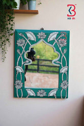 KB ART Handpainted Wooden Wall Mirror – Turquoise Pattachitra Arch Frame | Boho Jharokha Mirror | Traditional Indian Home Decor | Handpainted Wooden Wall Mirror from Jodhpur